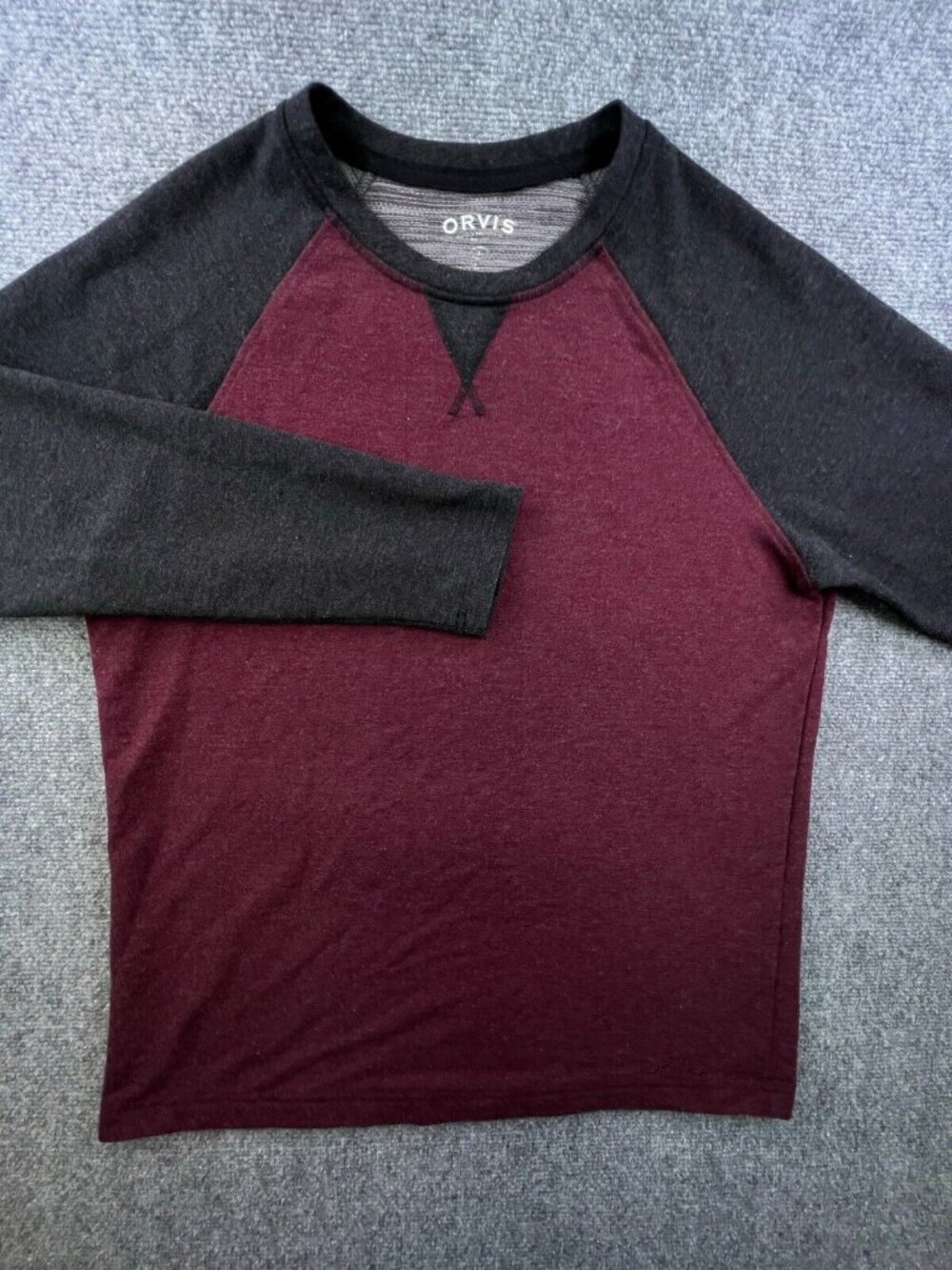 Orvis Men's Lightweight Sweater Large Red Gray Long Sleeve Rayon Stretch Soft